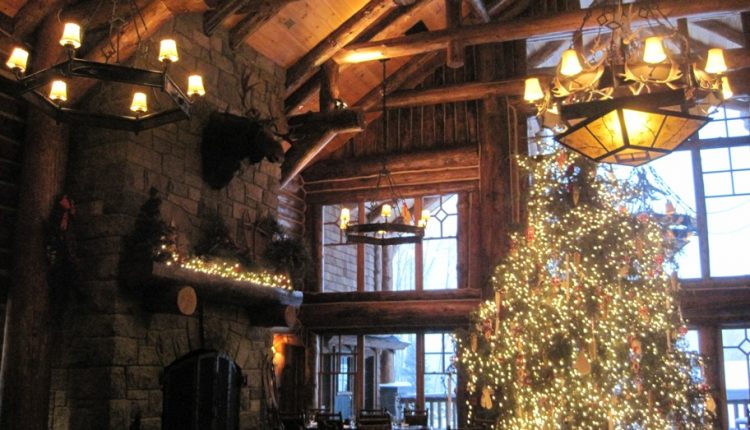 christmas tree in lobby of cabin lodge