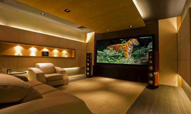 "A custom-built home theater with high-end audio and video equipment and luxury seating"