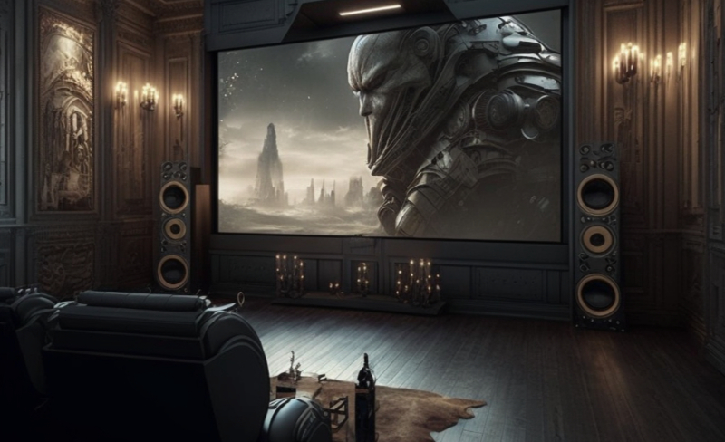 "A home theater with a streaming device and smart control system for easy access to movies and TV shows"